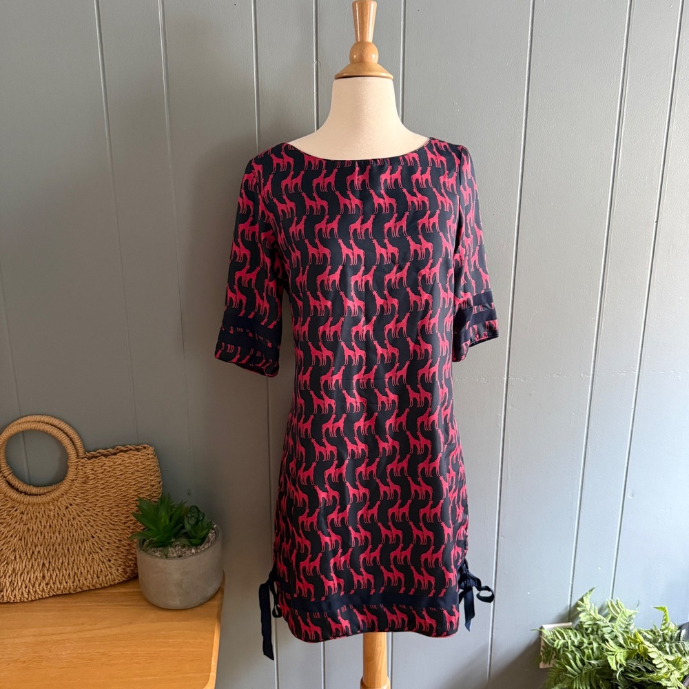 Elizabeth McKay Lindsay Shift Dress Women's Sz 6 Silk Giraffe Print Preppy Navy